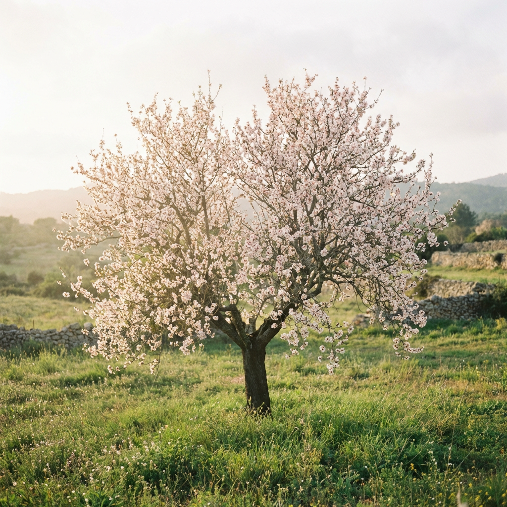 An almond tree in full bloom with pale pink blossoms in a green field.