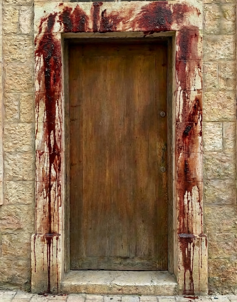 Weathered wooden door in stone wall with mezuzah and sign reading אשר בנו ה למגורי.